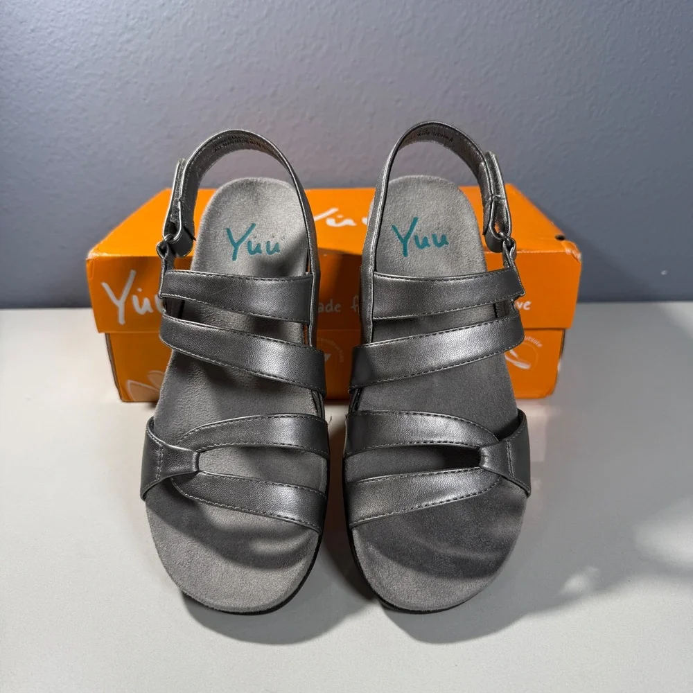Yuu Janne‎ Women Metallic Pewter Wedge Sandals Strappy Slingback 6M BTS16-10422